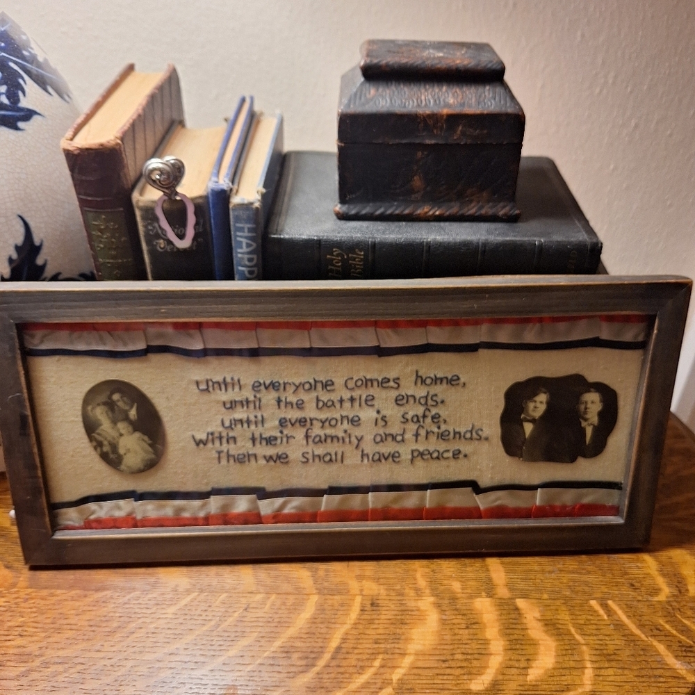 REPLICA Circa World War I Framed Patriotic "Peace" SAMPLER with Photos